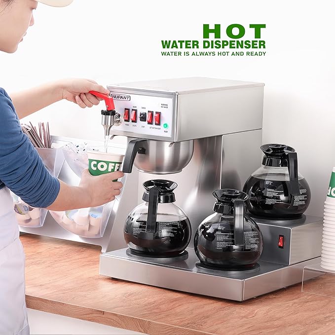 12 Cup Commercial Coffee Maker Auto Filling Drip Coffee Maker Machine with 3 Glass Carafes 3 Warmers Stainless Steel Pour Over Coffee Brewer with Hot Water Dispenser for Restaurant Office Cafe