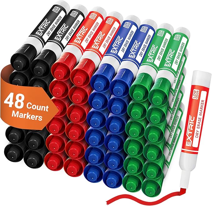 EXTRIC Dry Erase Markers Bulk Set of 48, Whiteboard Markers Bulk 4 Colors Chisel Tip White Board Markers, Red Blue Green Black Dry Erase Marker