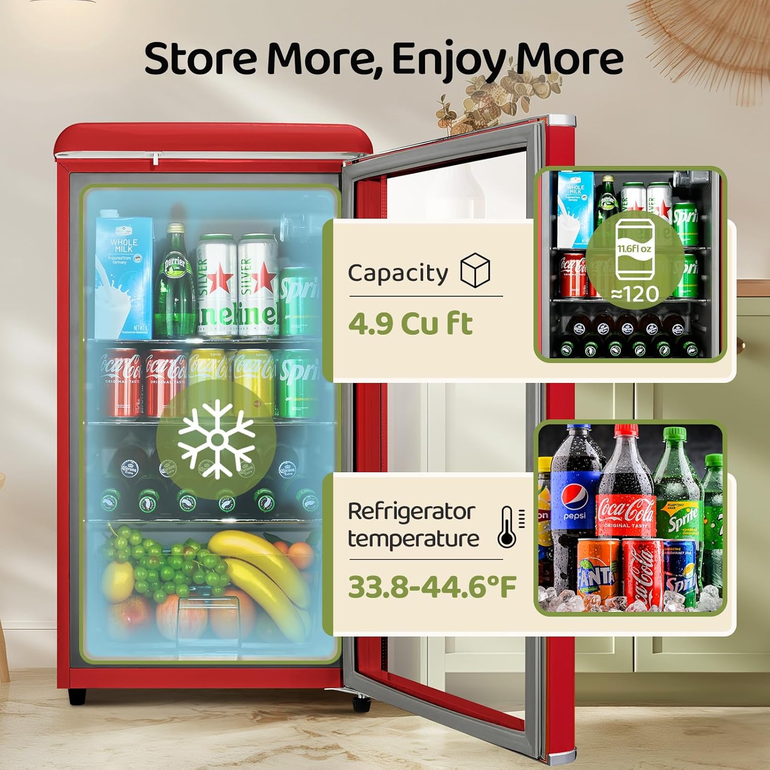 4.9 Cu.Ft Retro Small Beverage Refrigerator Cooler with Double Tempered Glass Door, 120 Can Wine Drink Beer Mini Fridge for Office Bedroom Bar with 7 Temperatures, Adjustable Shelves, Red