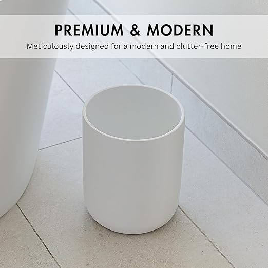 Matte White Round Compact Trash Can Mini, 2 Gallons / 7.5L Garbage Bin, Tiny Wastebasket for Bathrooms, Office, Under Desk, Bedroom, Laundry Room, Kitchen, Kids Room, and Dorm