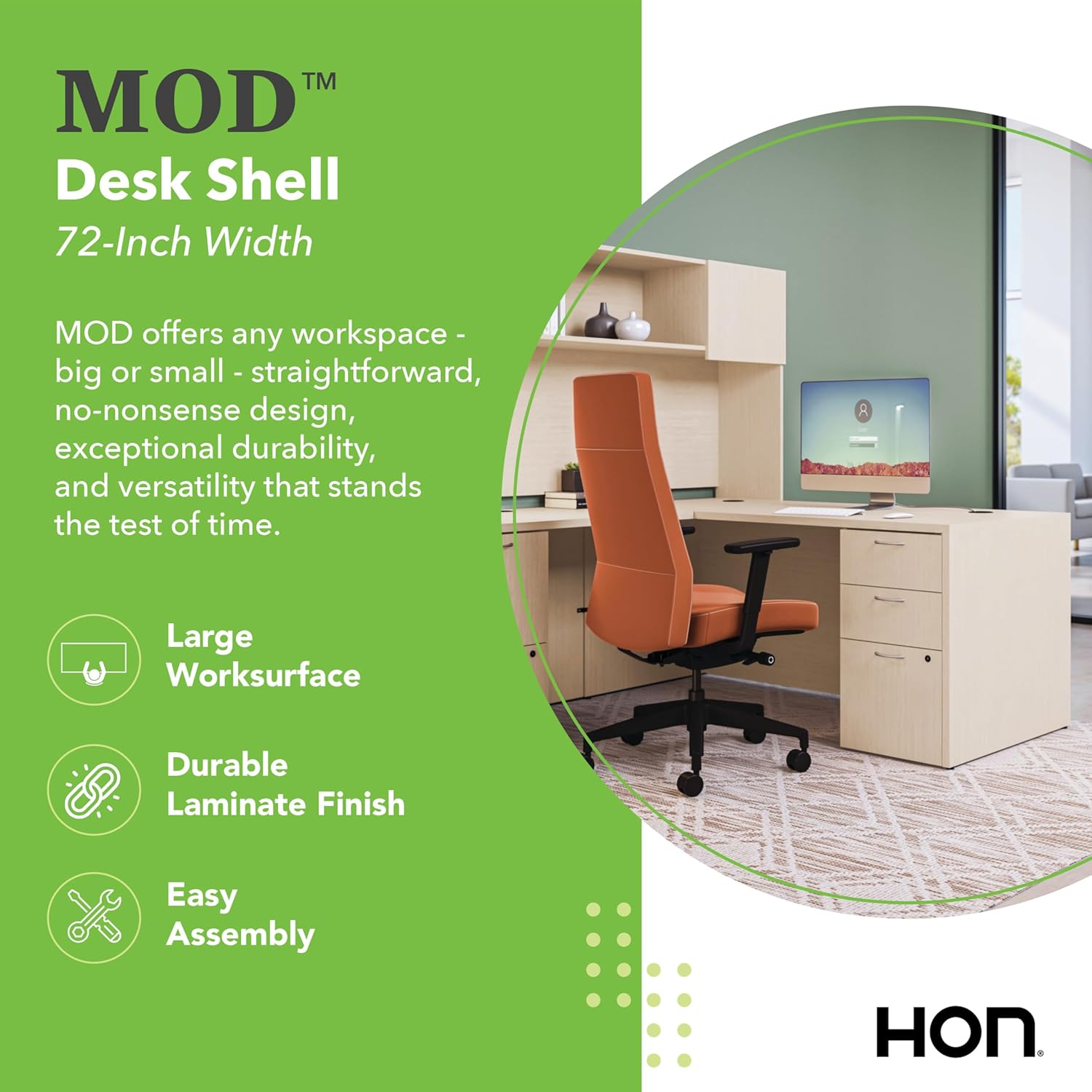 HON MOD Executive Desk 72-Inch Large Computer Desk Shell, Thick Wooden Laminate, Modern Table with Cord Management, 72" W x 30" D x 29" H, Desert Oak