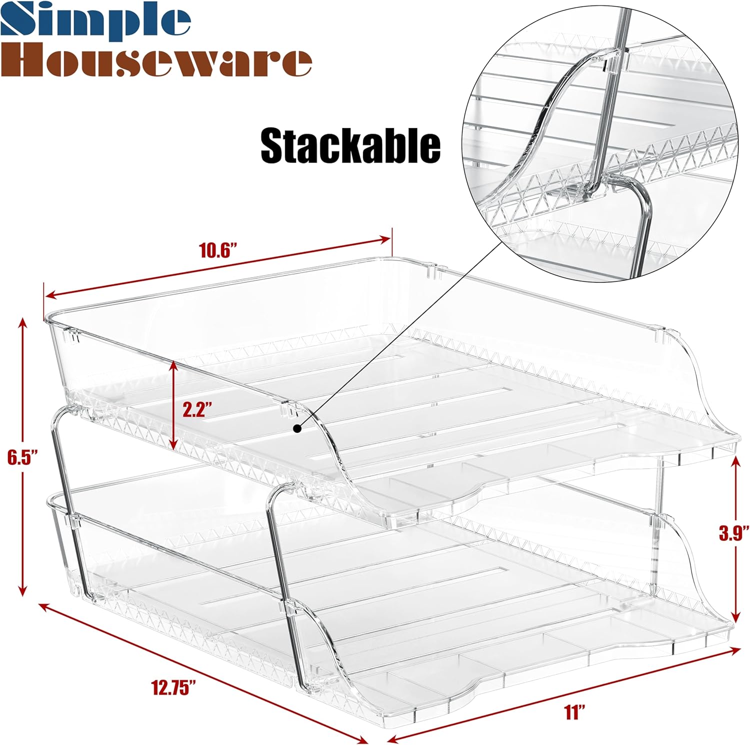Simple Houseware 2-Tier Clear Stackable Letter Tray Organizer – Desktop File Holder for A4/Letter Size Paper, Document Sorter, Office Desk Paper Organizer, Transparent File Storage