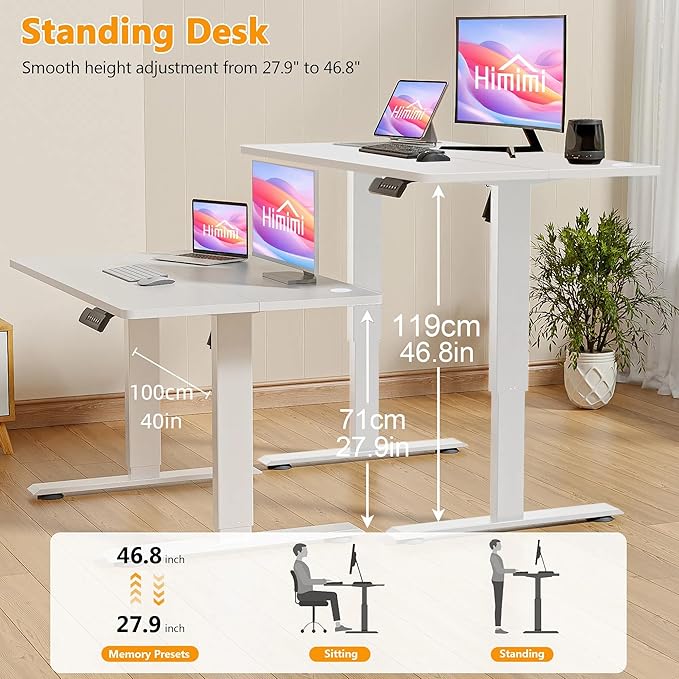 Himimi Electric Standing Desk 55 x 24 inch for Home Office,Sit-Stand Adjustable Desk with Memory Presets,Height Adjustable Desk for Gaming/Working,Free Hook, Lockable Wheels,Mouse Pad,White