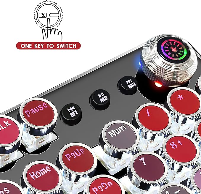 Basaltech Typewriter Style with White LED Backlight,Vintage Mechanical Gaming Keyboards with Lipstick Round Keycaps, Blue Switches 104-Keys Wired Keyboard Metal Panel for Laptop/pc