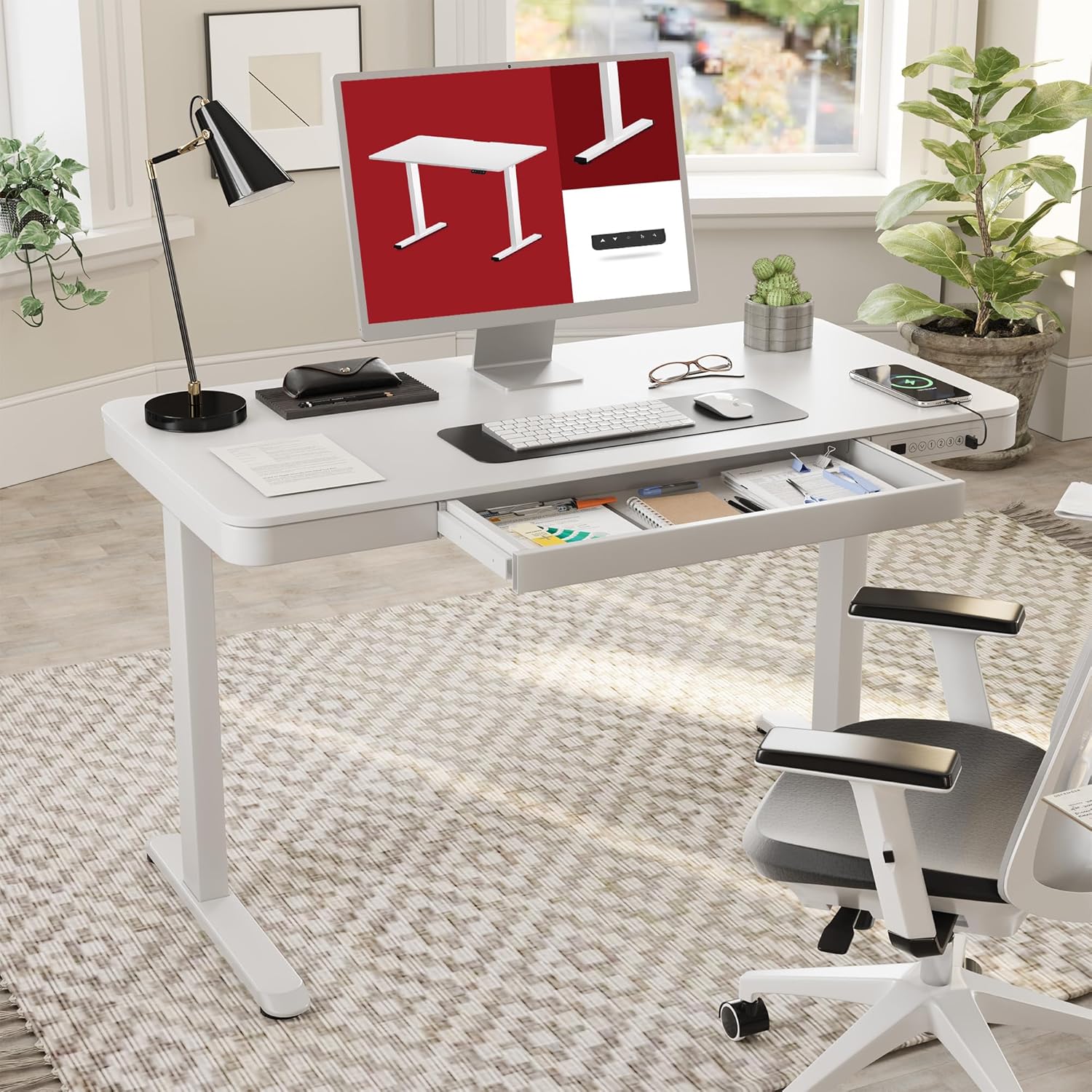 Standing Desk with Drawer, Electric Height Adjustable Home Office Desk with Storage & USB Ports, 55 inch White Wood Tabletop/White Frame