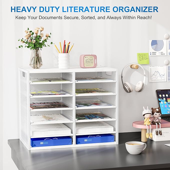 Mail Sorter for Desk, Countertop Literature Organizer, Student Mailbox for Classroom, Desktop Bill Paper Holder Rack for Office Home School, 12 Compartments, White