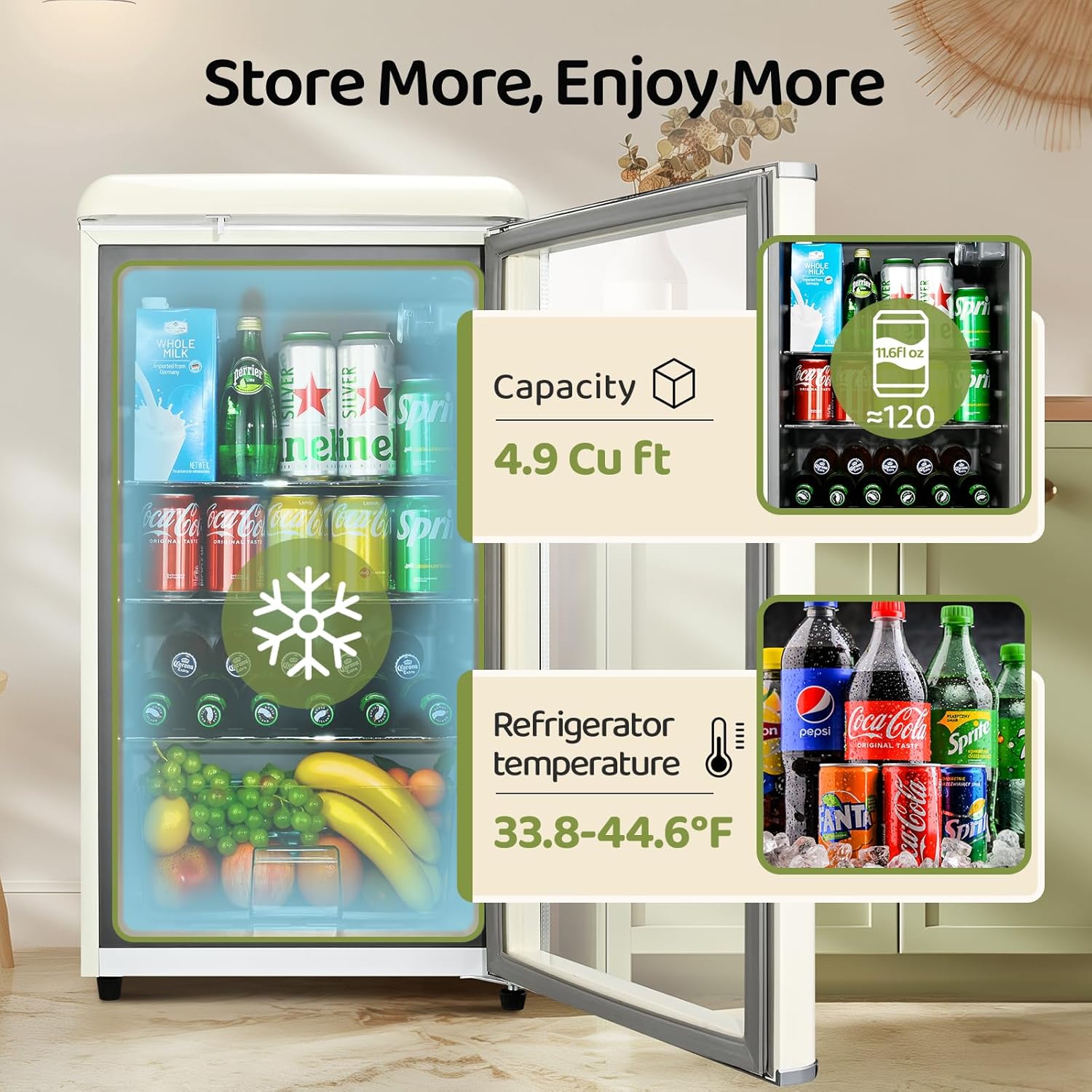 Small Beverage Refrigerator Cooler, 4.9 Cu.Ft Retro Mini fridge with Double Tempered Glass Door, 160 Can Wine Drink Beer Fridge for Office Bedroom Bar, 7 Temperatures and Adjustable Shelves
