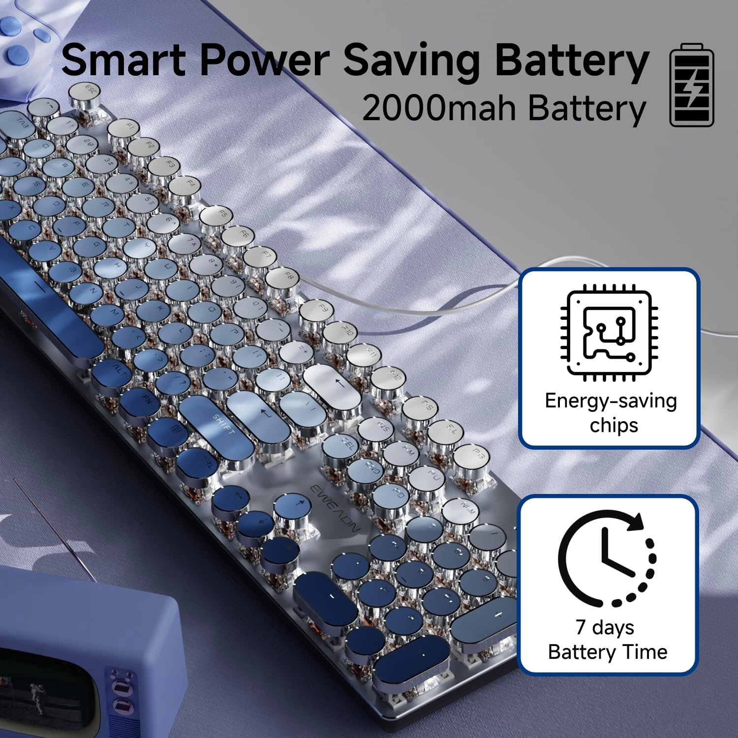 EWEADN Typewriter Keyboard Wireless Mechanical Keyboard, 104 Keys Gradient Color Typewriter Keyboards with White Backlit, Anti-Ghosting, Blue Switch Bluetooth/2.4GHz/Wired Keyboards-Blue