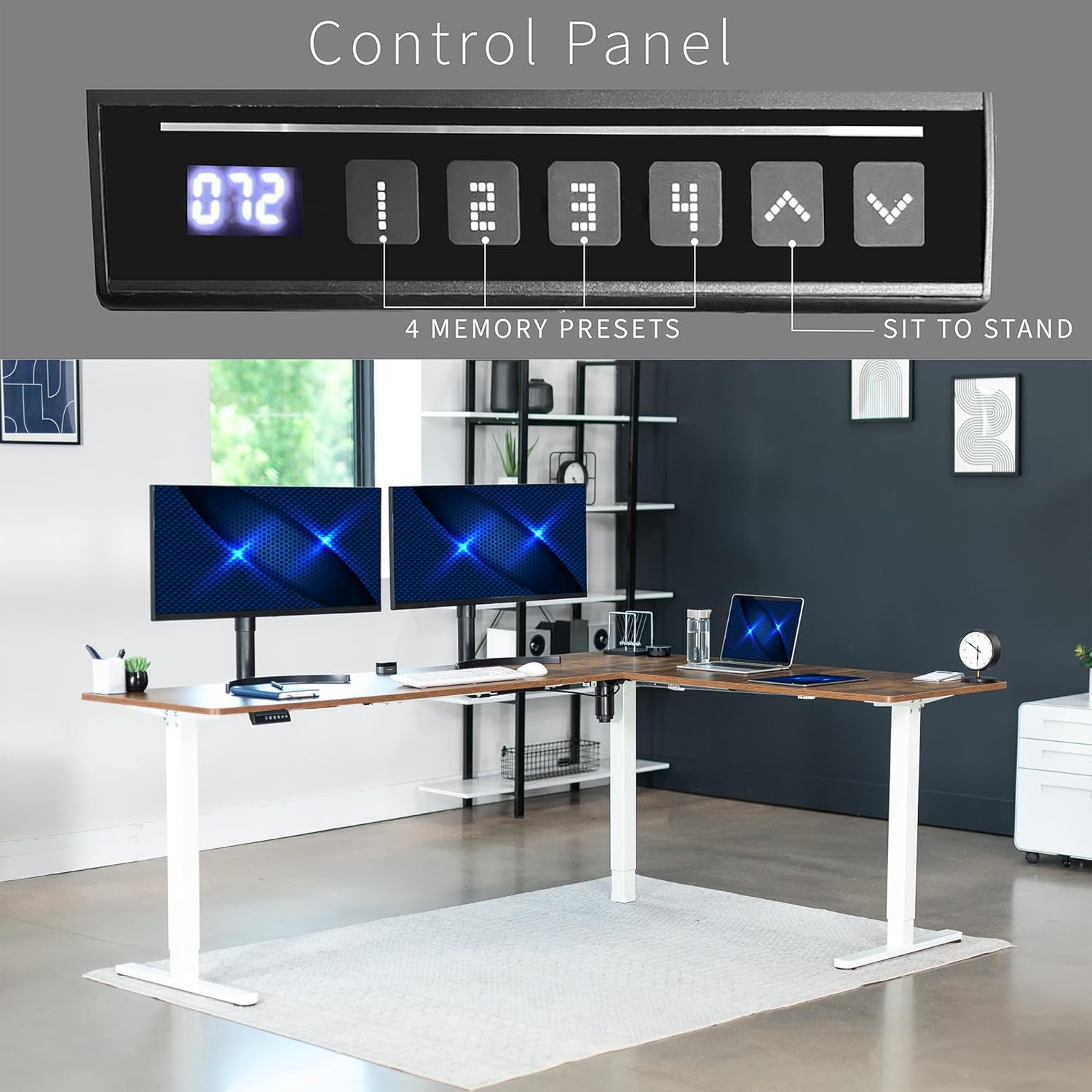 VIVO Electric Corner L-Shaped 84 x 63 in Rustic Standing Desk, Memory Height Adjustment, Vintage Brown Top White Frame, DESK-E3CTWN-84