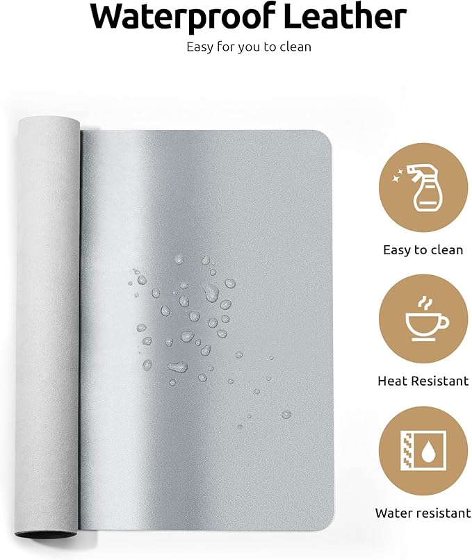YSAGi Leather Desk Pad Protector, Office Desk Mat, Large Mouse Pad, Non-Slip PU Leather Desk Blotter, Laptop Desk Pad, Waterproof Desk Writing Pad for Office and Home (Silver, 31.5" x 15.8")