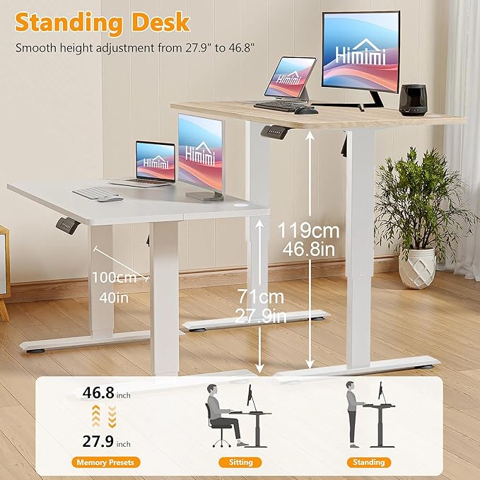 Himimi Electric Standing Desk 55 x 24 inch for Home Office,Sit-Stand Adjustable Desk with Memory Presets,Height Adjustable Desk for Gaming/Working,Free Hook, Lockable Wheels,Mouse Pad,Oak