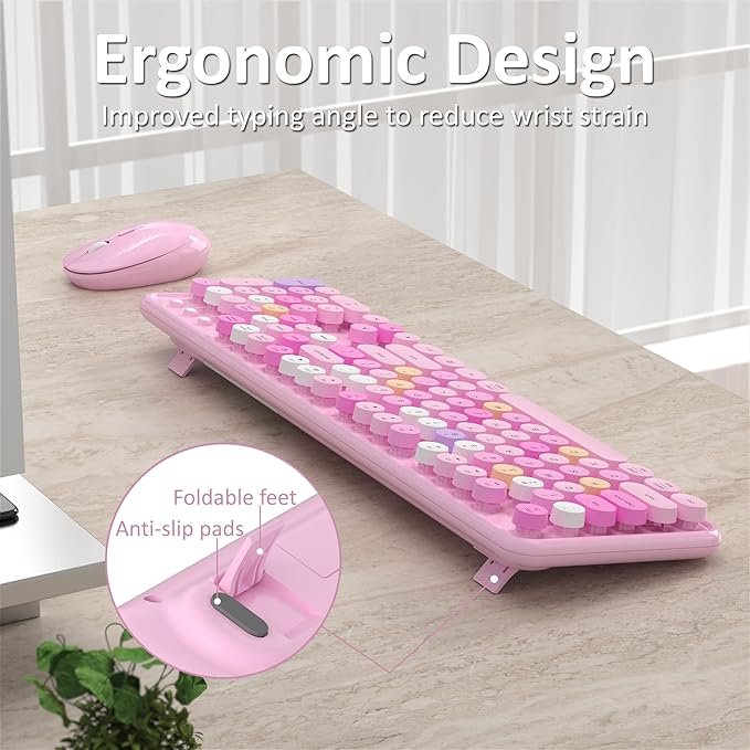 Wireless Keyboard and Mouse, Full-Size Retro Typewriter Keyboard with Round Keycaps, 2.4GHz for Windows, Mac, Laptop, PC, Desktop (Pink Colorful)