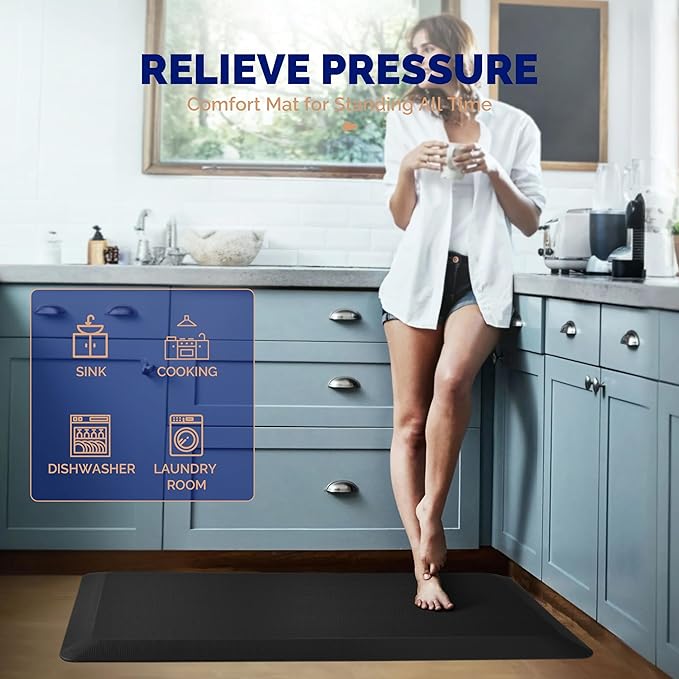 FEATOL Anti Fatigue Mat for Kitchen Floor – 9/10 Extra Thick Standing Cushioned Desk Mat Memory Foam, Ergonomic Floor Padded Comfort at Home, Kitchen, Office, Garage – NOT PVC (17" x 24", Black)