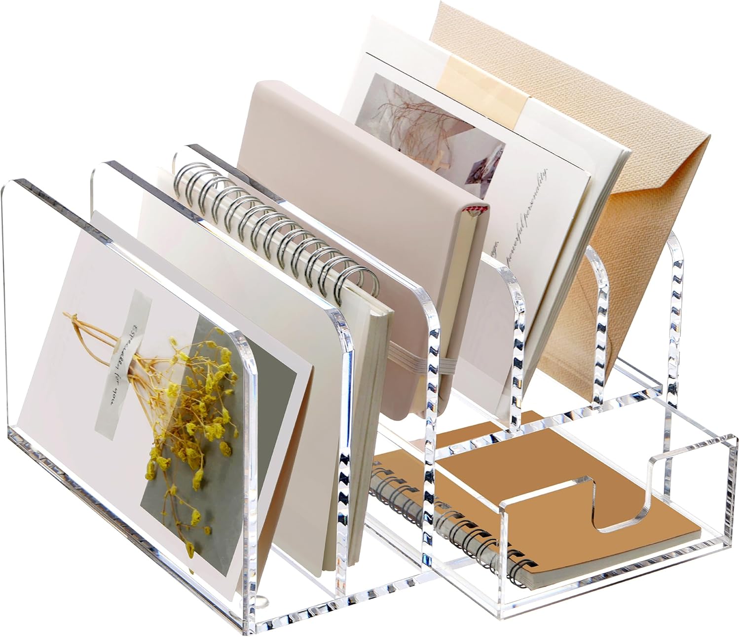 SANRUI Acrylic Mail Sorter Desktop Organizer Holder with Drawer, 5 Compartments Clear Small File Script Letter Document Storage for Desk Bill Filling Envelope Holder Office, Home, School Organization