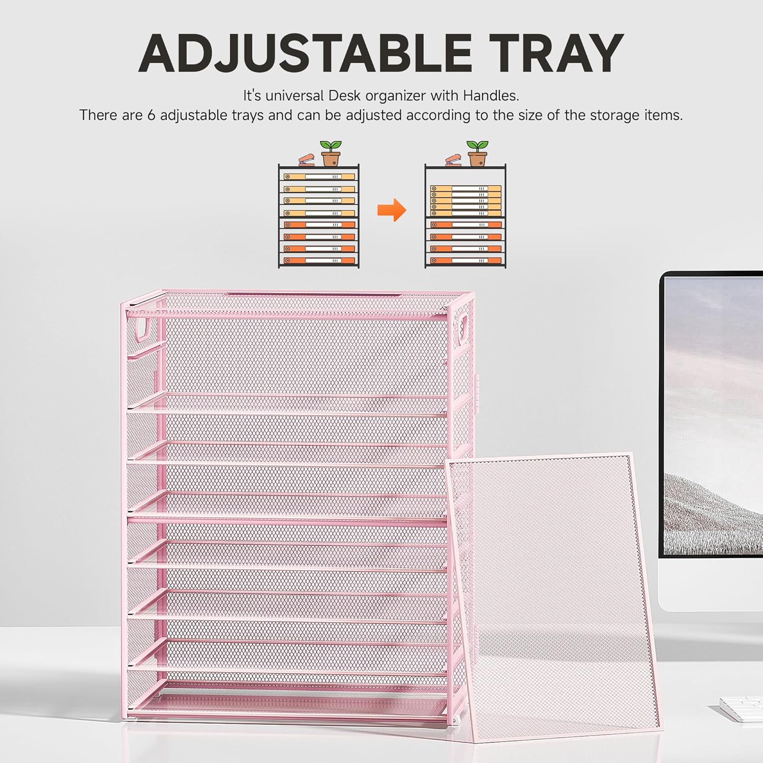 Subekyu 9 Tier Paper Letter File Tray Organizer for Desk, Pink Large Mesh Desk Folder Sorter Organizer with Handle, Include 6 Pcs Adjustable Height Slid Tray for Office Home School Supplies Storage