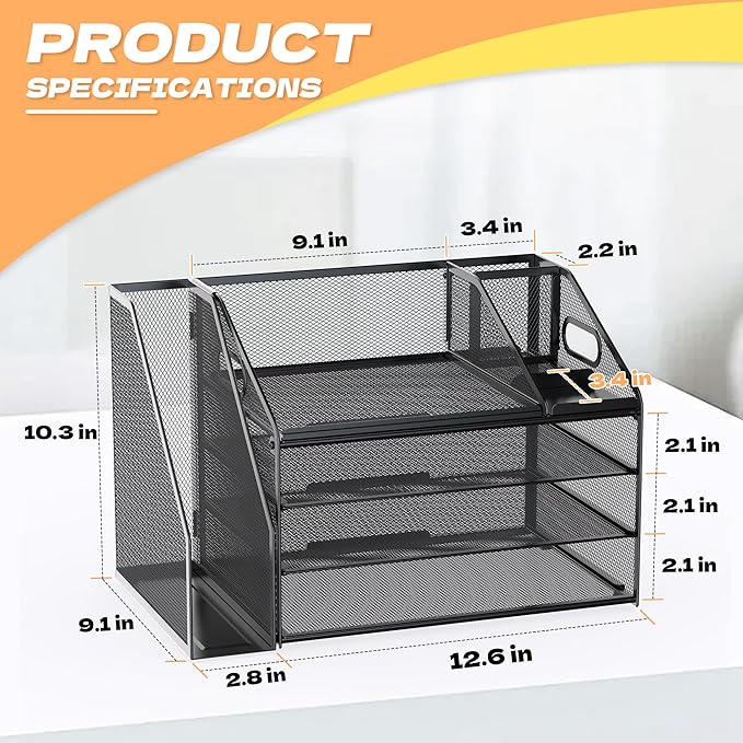 DocNest 4 Tier Paper Letter Tray File Organizer, Mesh Desk File with Handle, Workspace Desk Organizers with Pen Holder, Office Organization Storage Accessories - Black