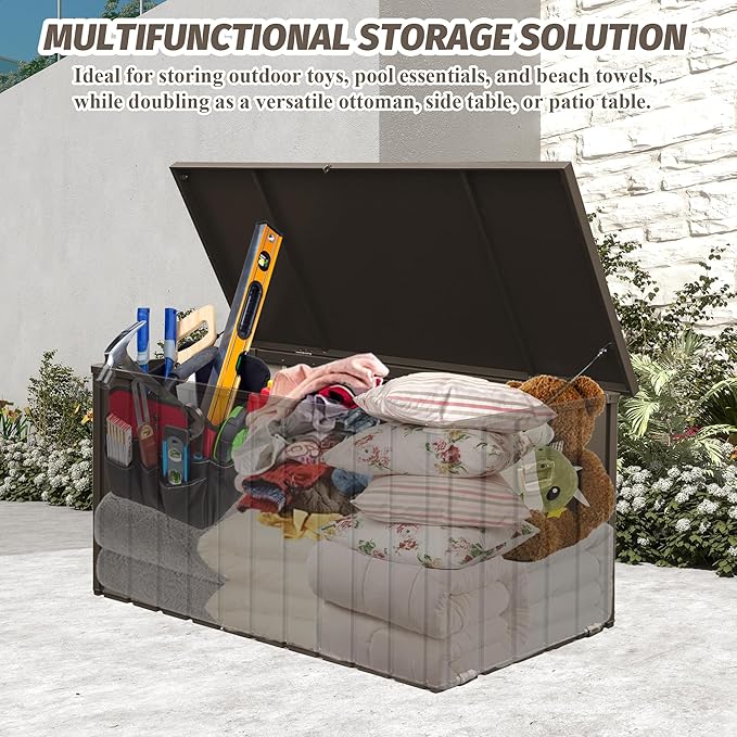 Domi Deck Box 190 Gallon, Waterproof Lockable Steel Outdoor Storage Container for Outside Cushions, Garden Tools and Pools Equipment, Brown