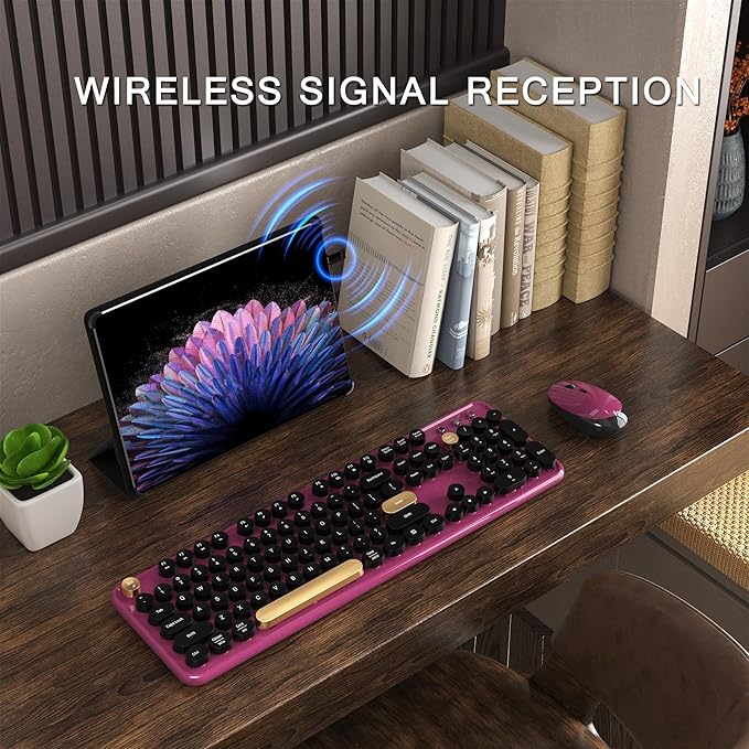 Colorful Wireless Computer Keyboard and Mouse Combo with Round Typewriter Keycaps, Retro Design, Power Switch, Ergonomic Design, 2.4GHz Wireless for Windows, Mac, PC(Black-Claret)