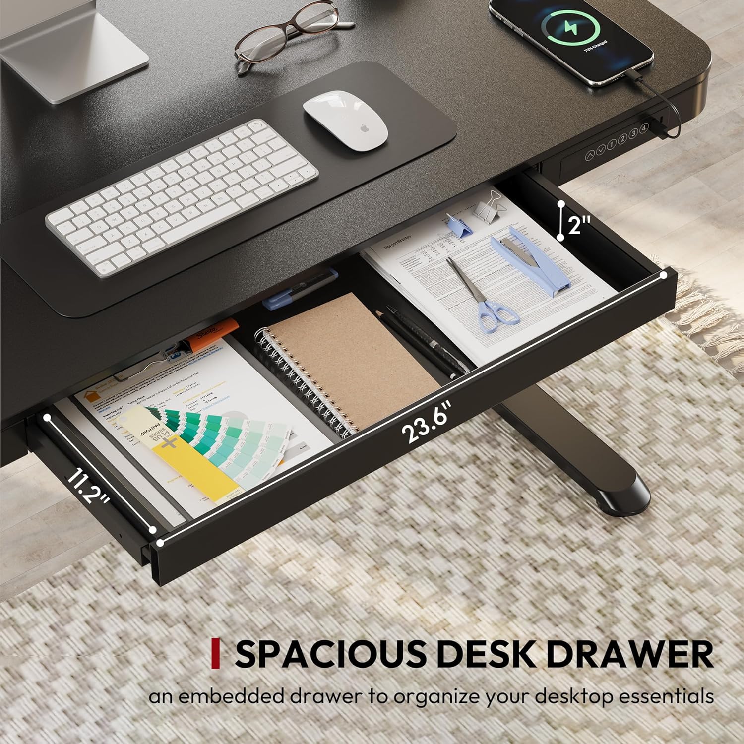 Standing Desk with Drawer, Electric Height Adjustable Home Office Desk with Storage & USB Ports, 48 inch Black Wood Tabletop/White Frame