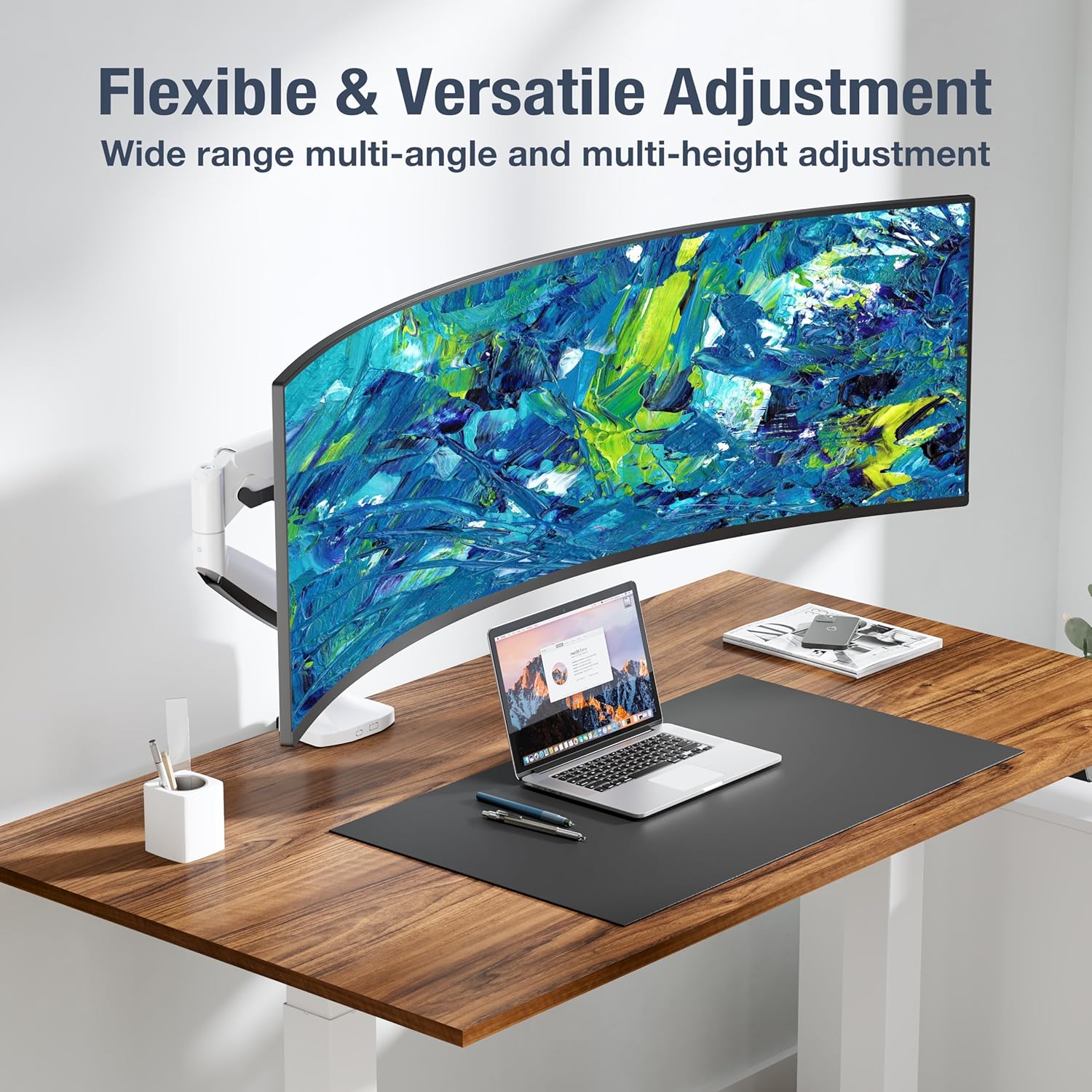 AVLT Single 17"-45" Monitor Arm Desk Mount Premium Mechanical Spring fits One Flat/Curved/Ultrawide Monitor Full Motion Height Swivel Tilt Rotation Adjustable, White