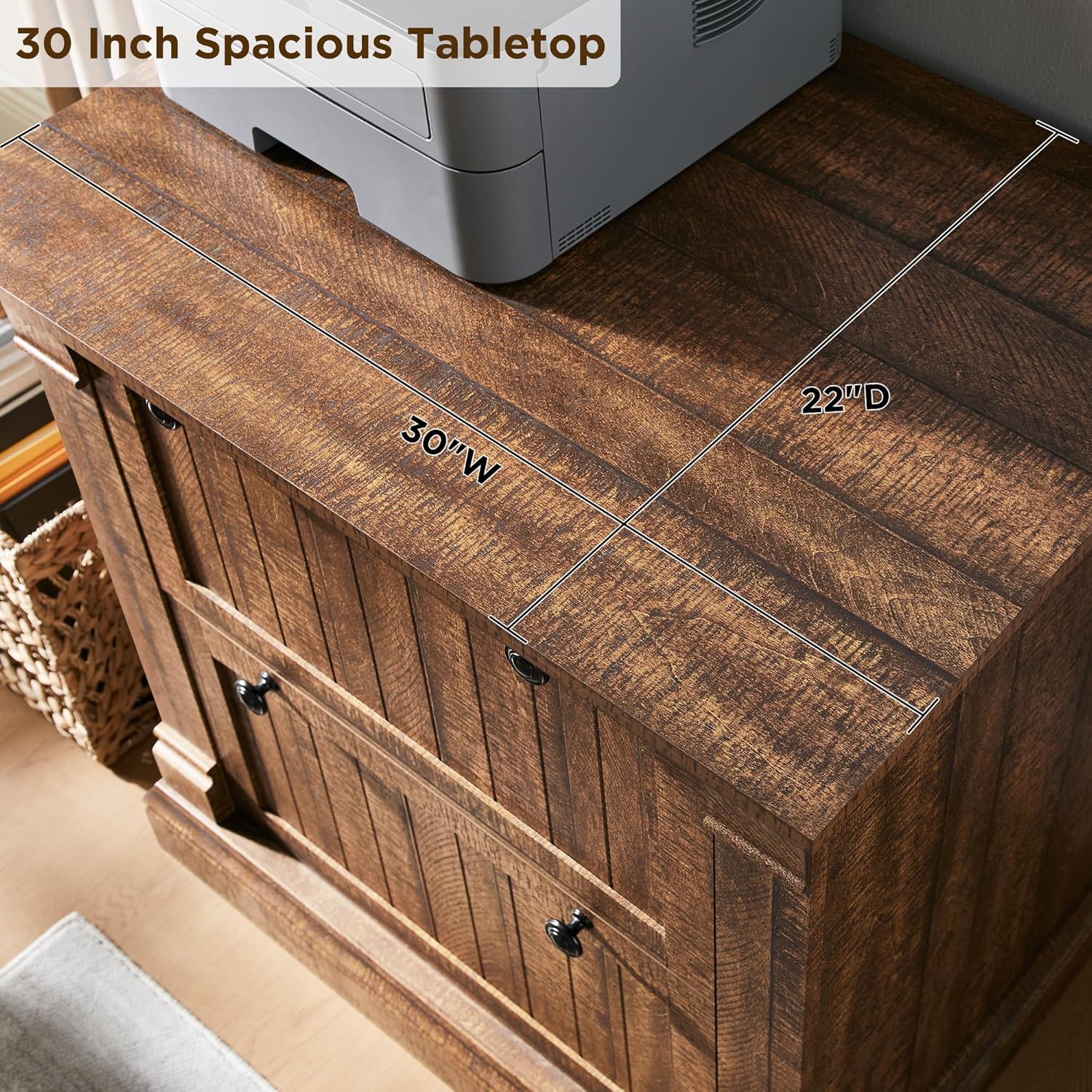 OKD Farmhouse File Cabinet with 2 Drawers, 30" Lateral Filing Cabinet with Hanging File Folders, Interlocking Drawers, Wood Rustic Storage Cabinet for Home Office,Brown