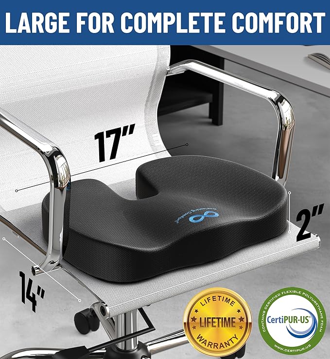 Everlasting Comfort Doctor Recommended Memory Foam Seat Cushion for Office Chairs & Car Seat - Ergonomic Office Desk Accessories for Tailbone Pain Relief, Sciatica & Back Support
