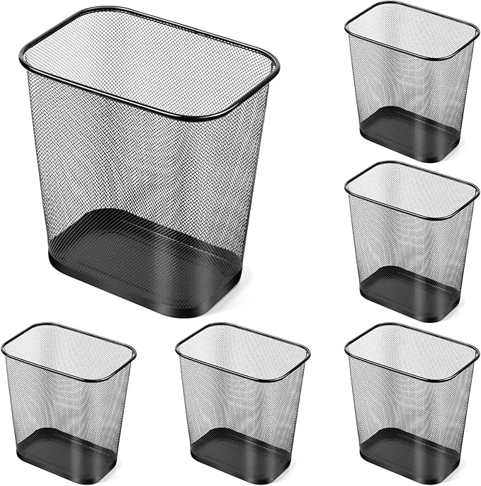 6 Pieces Mesh Square Trash Cans 4 Gallons Wire Wastebasket for Home Black Metal Office Garbage Cans Rectangular Open Top Trash Bin for Kitchen Bathroom Bedroom Dorm Room, 11.7 x 8.5 x 11.8 Inch