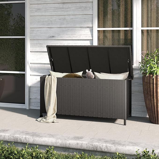Grand patio 108 Gallon Deck Storage Box Indoor Outdoor Wicker Bin for Patio Furniture Cushions Garden Tools Pool Accessories, Black