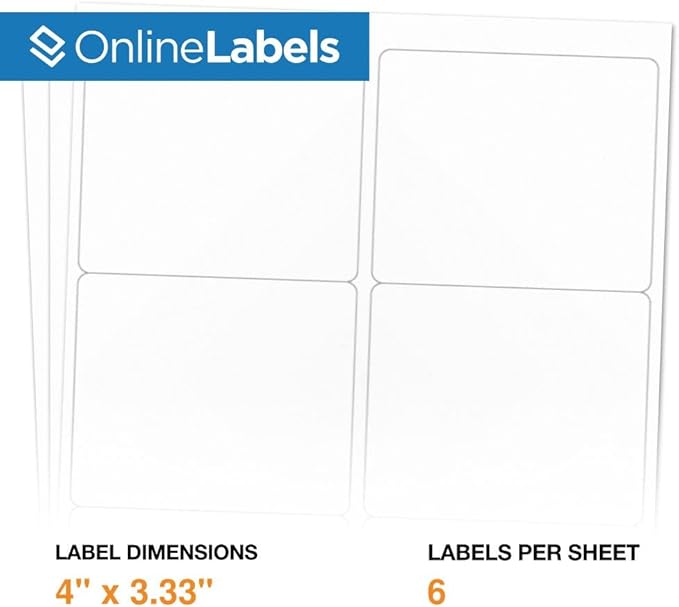 OnlineLabels 4 x 3.33 Rectangle Shipping Labels - Permanent, White Matte - Wine, Pallet Labels - 6-Up - Pack of 150 Labels, 25 Sheets - Inkjet/Laser Printers