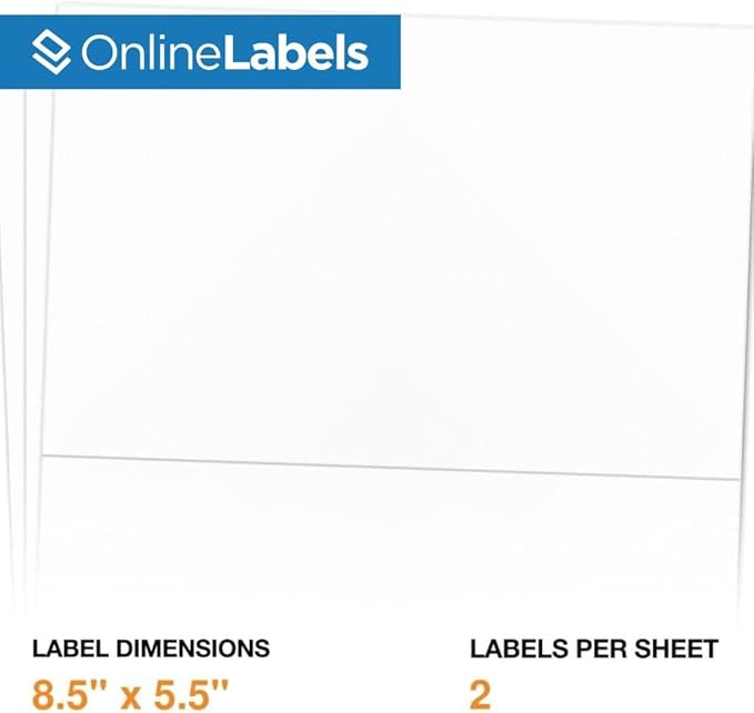 8.5 x 5.5 Half-Sheet Shipping Labels - Permanent, White Matte - for FBA, FedEx, UPS - Pack of 1,000 Labels, 500 Sheets - Inkjet/Laser Printers - Online Labels