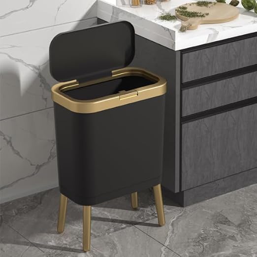 Procade 2Pack BathroomTrash Can with Lid, Modern Garbage Bin for Kitchen, 4 Gallon Garbage Can with Gold Edge, Plastic Trash Bin Waste Basket for Bedroom, Living Room,Office(Black+Green)