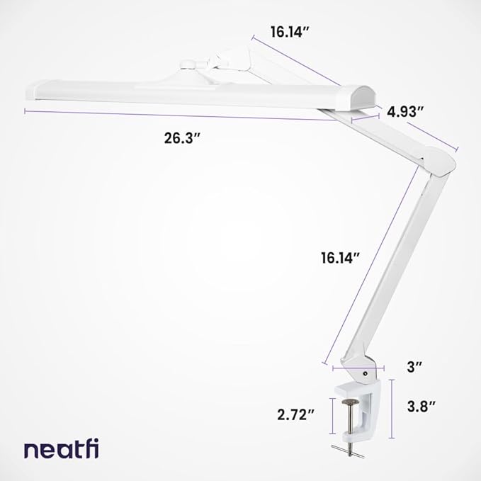 Neatfi Ultra 3,500 Lumen LED Desk Lamp, 45W, 26-Inch Wide Metal Shade, 270 SMD LEDs (Non-CCT with Clamp, White)