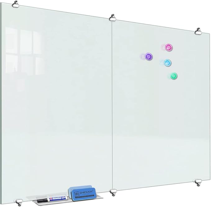 2-in-1 Magnetic Glass White Board 60'' x 48'' Extra Large Splicing Tempered Glass Whiteboard, 4' x 5' Frameless Big Glass Dry Erase White Board for Wall, Office, Home