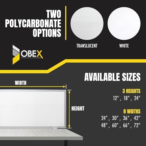 OBEX Polycarbonate Office Desk Mounted Privacy Screen Adjustable Table Top Panel Divider, Universal Aluminum Bracket-USA Made, 24" x 66, White