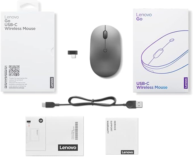 Lenovo Go USB-C Essential Wireless Mouse, 2.4 GHz Nano USB-C Receiver, Adjustable DPI, Rechargeable Battery, Ambidextrous, GY51C21210, Grey