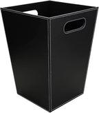 KINGFOM Classic Pu Leather Trash Can Wastebasket, Garbage Container Bin with Handles for Bathrooms, Powder Rooms, Kitchens, Home, Office and and High Class Hotel Square Black