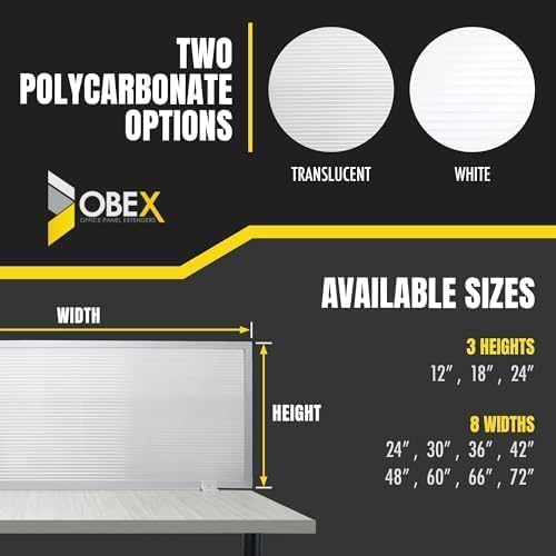 OBEX Polycarbonate Office Desk Mounted Privacy Screen Adjustable Table Top Panel Divider, Universal Aluminum Bracket-USA Made, 24" x 72", Translucent