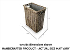 The Basket Lady Large Rectangular Kubu Wicker Waste Basket with Metal Liner, 14.5 in L x 9 in W x 18 in H, Serene Grey