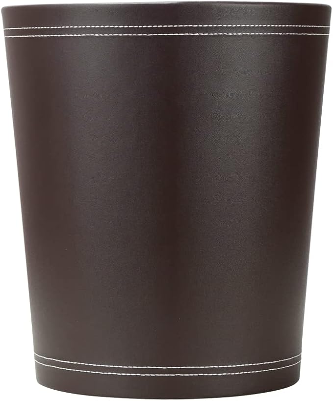 KINGFOM Classic Pu Leather Trash Can Wastebasket, Garbage Container Can for Bathrooms, Powder Rooms, Kitchens, Home, Office and and High Class Hotel Round Brown