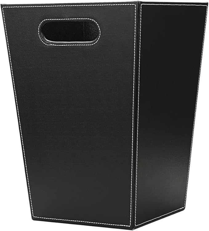 KINGFOM Classic Pu Leather Trash Can Wastebasket, Garbage Container Bin with Handles for Bathrooms, Powder Rooms, Kitchens, Home, Office and and High Class Hotel Square Black