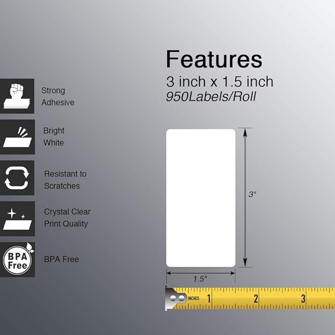 BETCKEY - 3" x 1.5" (76 mm x 38 mm) Barcode Shipping & Address Labels Compatible with Zebra & Rollo Label Printer,Premium Adhesive & Perforated [2 Rolls, 1900 Labels]