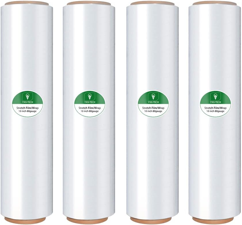 Stretch Wrap Roll - Heavy Duty Industrial Strength 18inch 1500ft,Clear Cling Shrink Wrap Film Roll 80 Gauge - Ideal for Furniture, Moving, Shipping, and Pallet Packing(Clear-4Pack)