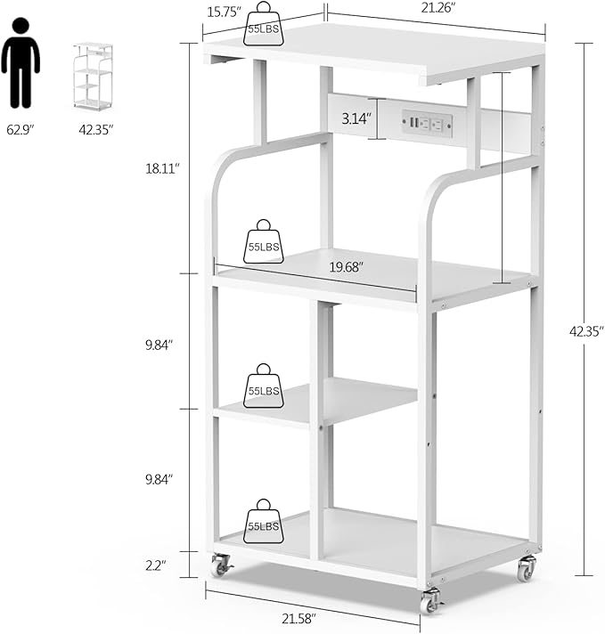VEDECASA Mobile High Printer Stand with Power Outlet Charging Plugs USB Port Office Storage Shelf Includes Computer Tower CPU Stand Holder with Wheel (White)
