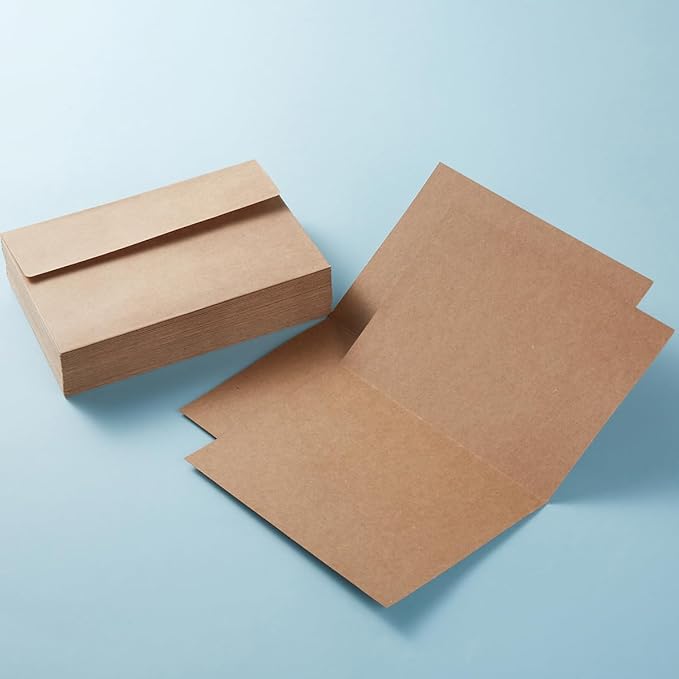 Wishop 50 Pack Self-Adhesive Envelopes with Fold Cards for Wedding Invitations, Greeting Cards, Baby Shower, Letter Mailing (Brown, 4x6)