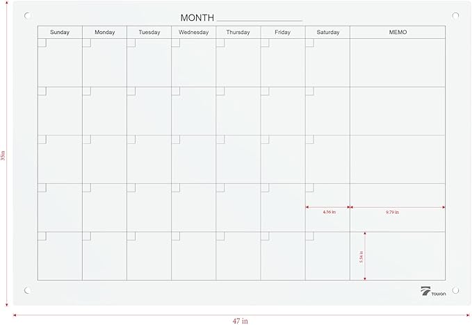 TOWON 47 x 35 Inch Glass Dry Erase Board, Magnetic Whiteboard Calendar, Monthly Planner Set, White