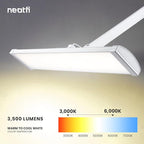 Neatfi Ultra 3,500 Lumen LED Desk Lamp, Color Correlated Temperature, 3 Light Modes, Dimmable, 45W, 26 Inch Wide Metal Shade, 540 SMD LEDs (CCT with Clamp, White)