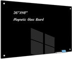 Magnetic Glass Whiteboard 48" x 36" Dry Erase Board Frameless Premium Tempered Galssboards Wall Mounted Glossy writeboard with Eraser, Marker Tray for Interactive Office, (Black)