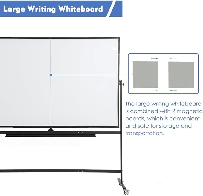 Large Magnetic Mobile Whiteboard 72"x48", Rolling Double Sided Stand Whiteboard on Wheels, Reversible Adjustable Height/Angle Dry Erase Board 6' x 4' Easel White Board for Office Classroom, Black