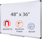 48" x 36" Magnetic Whiteboard for Wall Mount | Large Dry Erase Board with Aluminum Frame & Pen Tray | Office, Classroom, Home Use | Durable White Board for Presentations, Messages, Planning