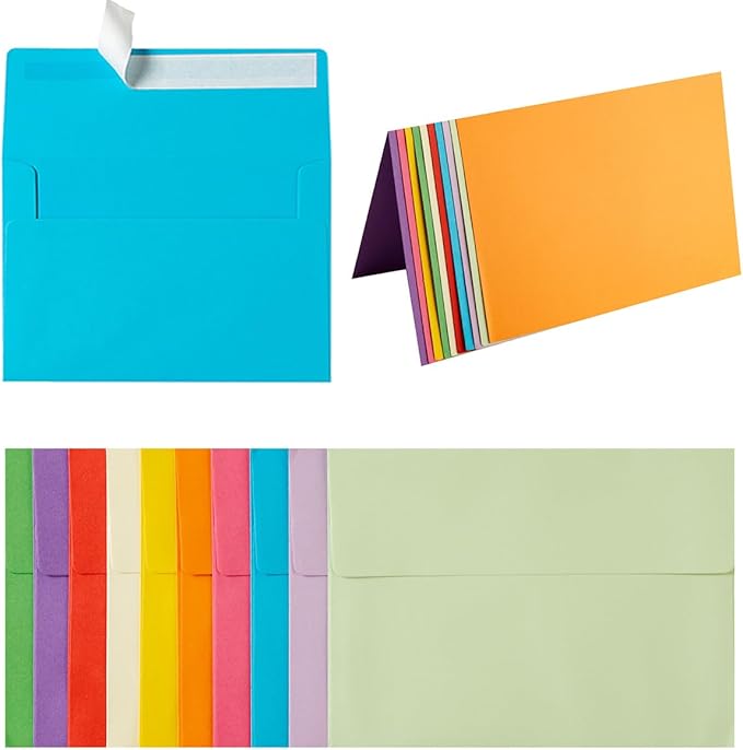 Wishop 50 Pack Self-Adhesive Envelopes with Fold Cards for Wedding Invitations, Greeting Cards, Baby Shower, Letter Mailing (Colorful, 4x6)
